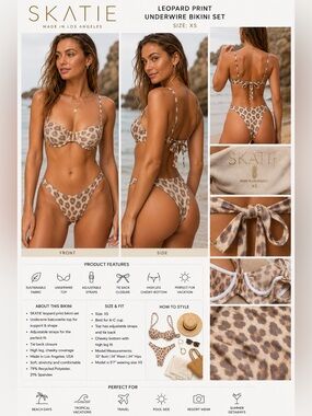 SKATIE Leopard Print Underwire Bikini Set XS Tie Back High Leg Cheeky
